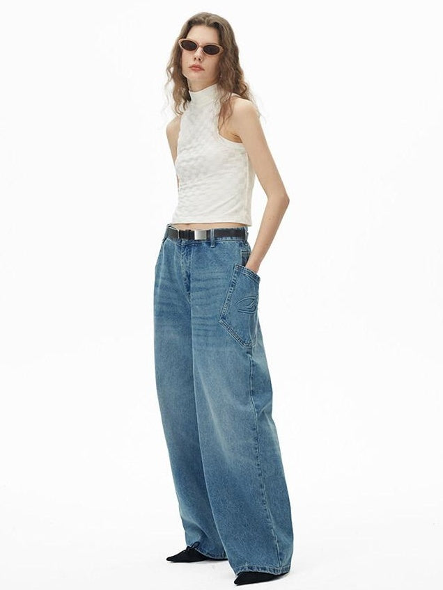 RUN TO THE FUTURE Durable Washed Mid Rise Loose Straight Urban Casual Denim Blue Wide-Leg Jeans