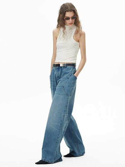RUN TO THE FUTURE Durable Washed Mid Rise Loose Straight Urban Casual Denim Blue Wide-Leg Jeans