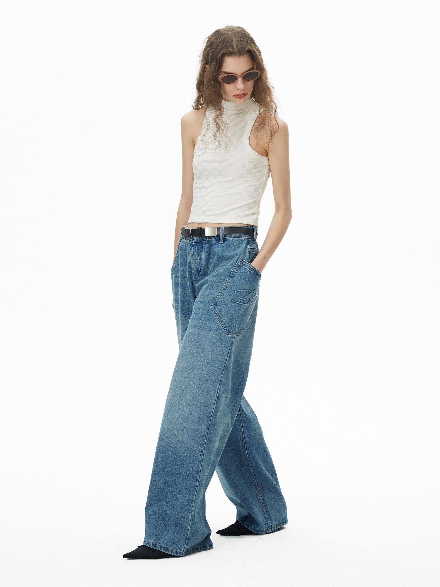 RUN TO THE FUTURE Durable Washed Mid Rise Loose Straight Urban Casual Denim Blue Wide-Leg Jeans