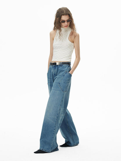 RUN TO THE FUTURE Durable Washed Mid Rise Loose Straight Urban Casual Denim Blue Wide-Leg Jeans