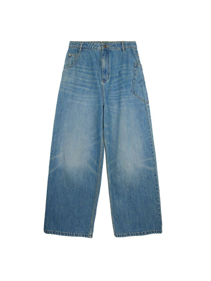 RUN TO THE FUTURE Durable Washed Mid Rise Loose Straight Urban Casual Denim Blue Wide-Leg Jeans