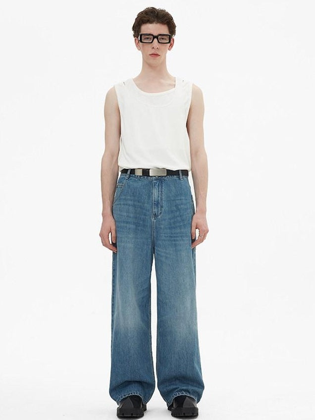 RUN TO THE FUTURE Durable Washed Mid Rise Loose Straight Urban Casual Denim Blue Wide-Leg Jeans
