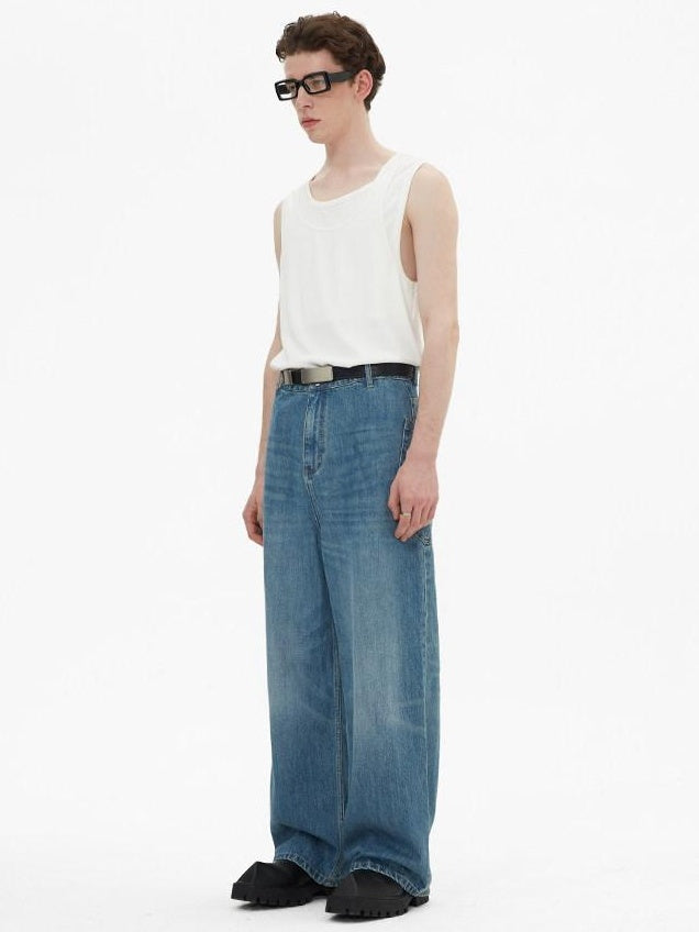 RUN TO THE FUTURE Durable Washed Mid Rise Loose Straight Urban Casual Denim Blue Wide-Leg Jeans
