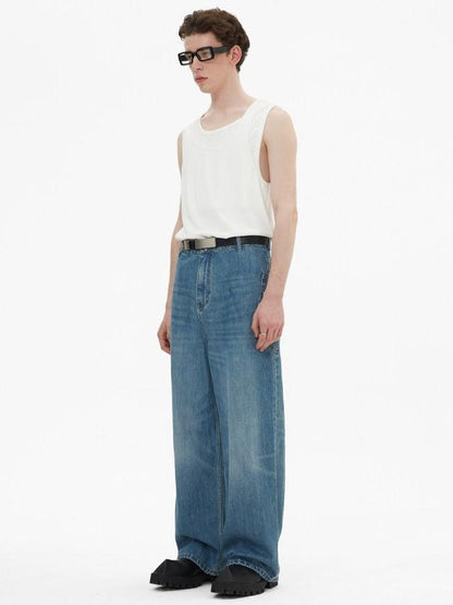 RUN TO THE FUTURE Durable Washed Mid Rise Loose Straight Urban Casual Denim Blue Wide-Leg Jeans
