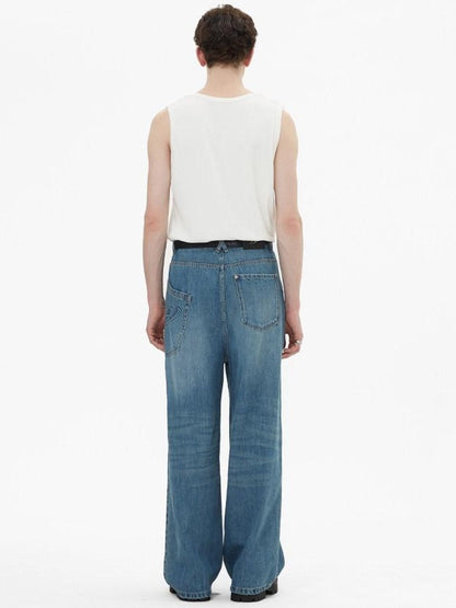 RUN TO THE FUTURE Durable Washed Mid Rise Loose Straight Urban Casual Denim Blue Wide-Leg Jeans