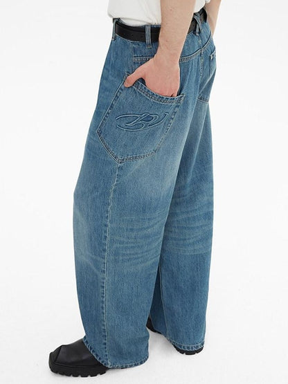RUN TO THE FUTURE Durable Washed Mid Rise Loose Straight Urban Casual Denim Blue Wide-Leg Jeans