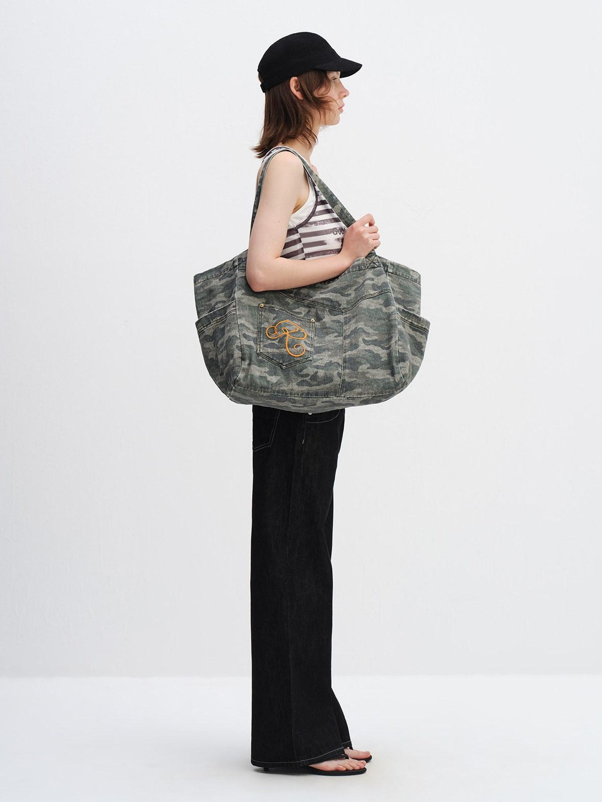 RUN TO THE FUTURE Embroidered Denim Camo Tote Single Strap Casual Youth Letter Print Shoulder Bags