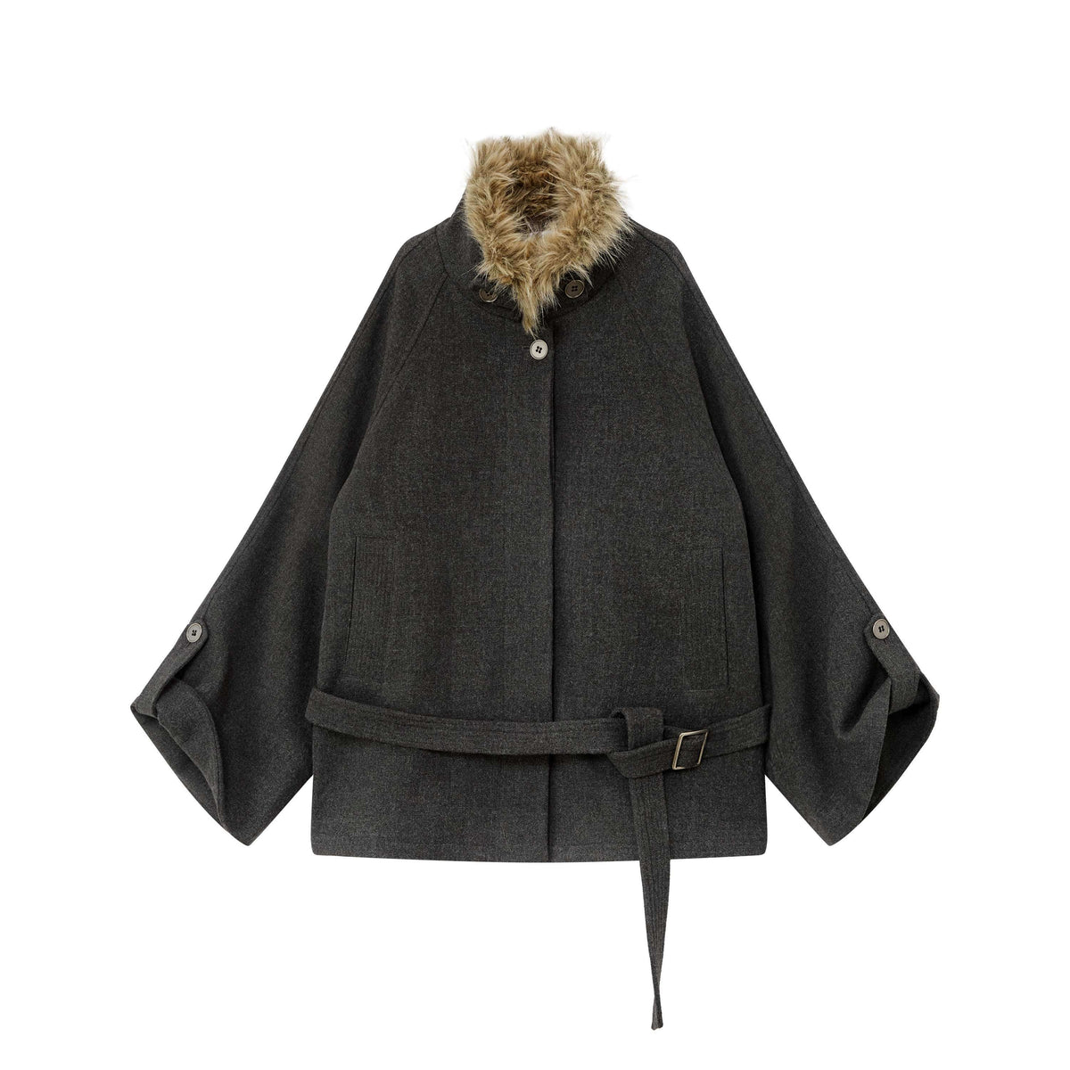 RUN_TO_THE_FUTURE_Faux_Fur_Collar_Flared_Sleeve_Belted_Wool_Blend_Women&