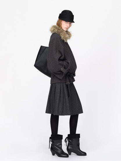 RUN TO THE FUTURE Faux Fur Collar Flared Sleeve Belted Wool Blend Women&