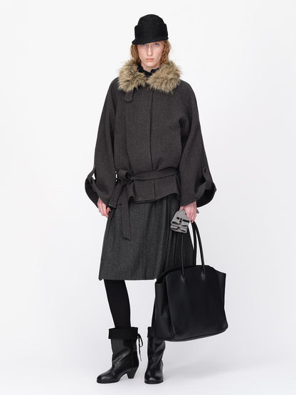 RUN TO THE FUTURE Faux Fur Collar Flared Sleeve Belted Wool Blend Women&