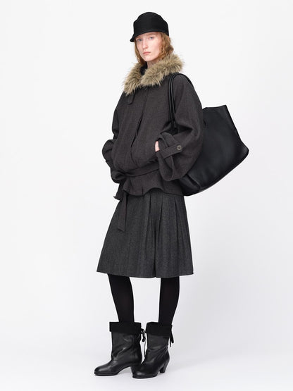 RUN TO THE FUTURE Faux Fur Collar Flared Sleeve Belted Wool Blend Women&