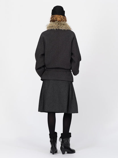 RUN TO THE FUTURE Faux Fur Collar Flared Sleeve Belted Wool Blend Women&