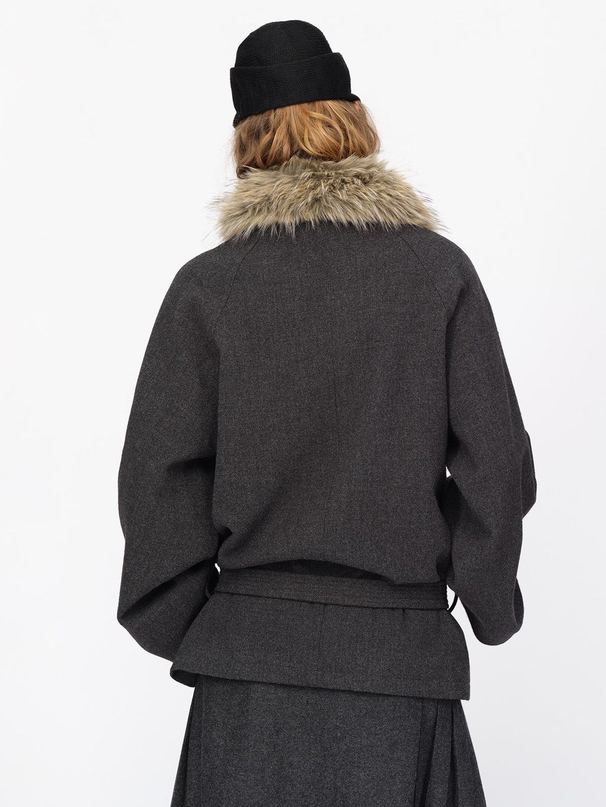 RUN TO THE FUTURE Faux Fur Collar Flared Sleeve Belted Wool Blend Women&
