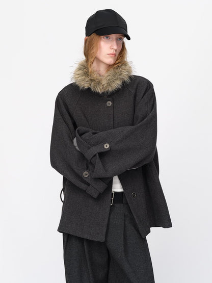 RUN TO THE FUTURE Faux Fur Collar Flared Sleeve Belted Wool Blend Women&