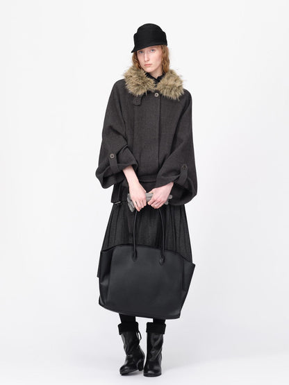 RUN TO THE FUTURE Faux Fur Collar Flared Sleeve Belted Wool Blend Women&