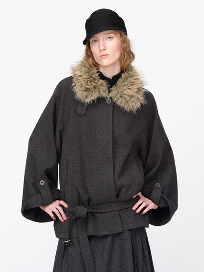 RUN TO THE FUTURE Faux Fur Collar Flared Sleeve Belted Wool Blend Women&