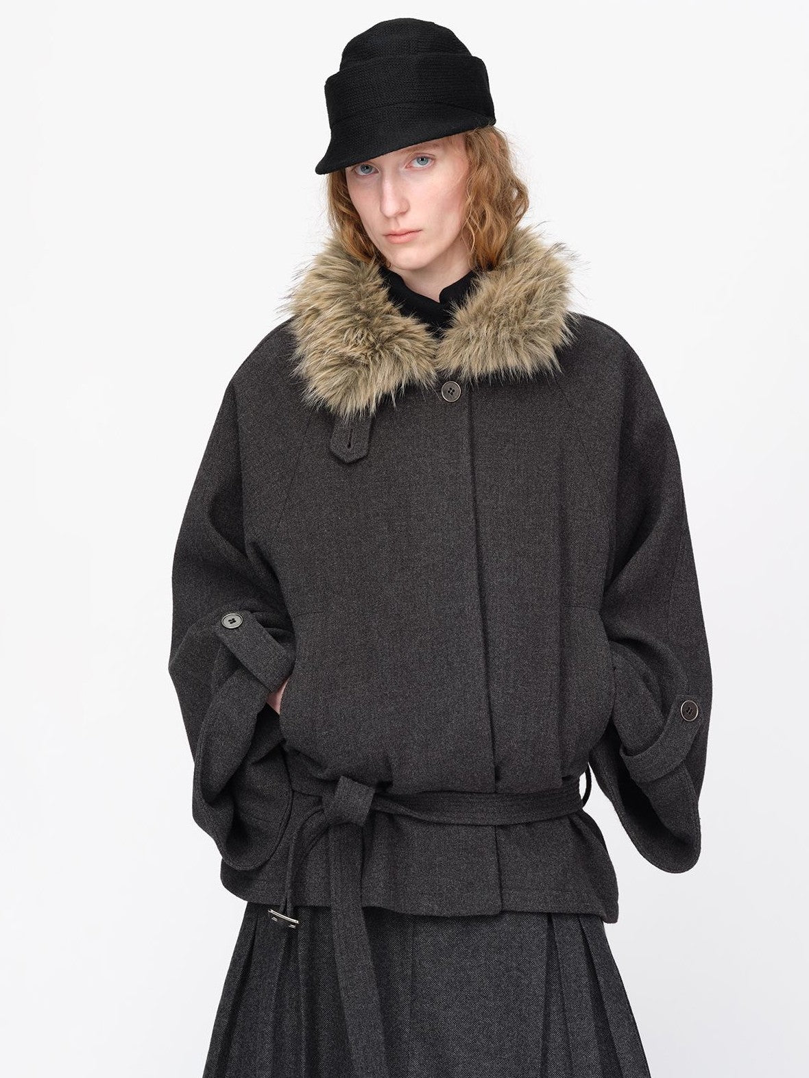 RUN TO THE FUTURE Faux Fur Collar Flared Sleeve Belted Wool Blend Women&