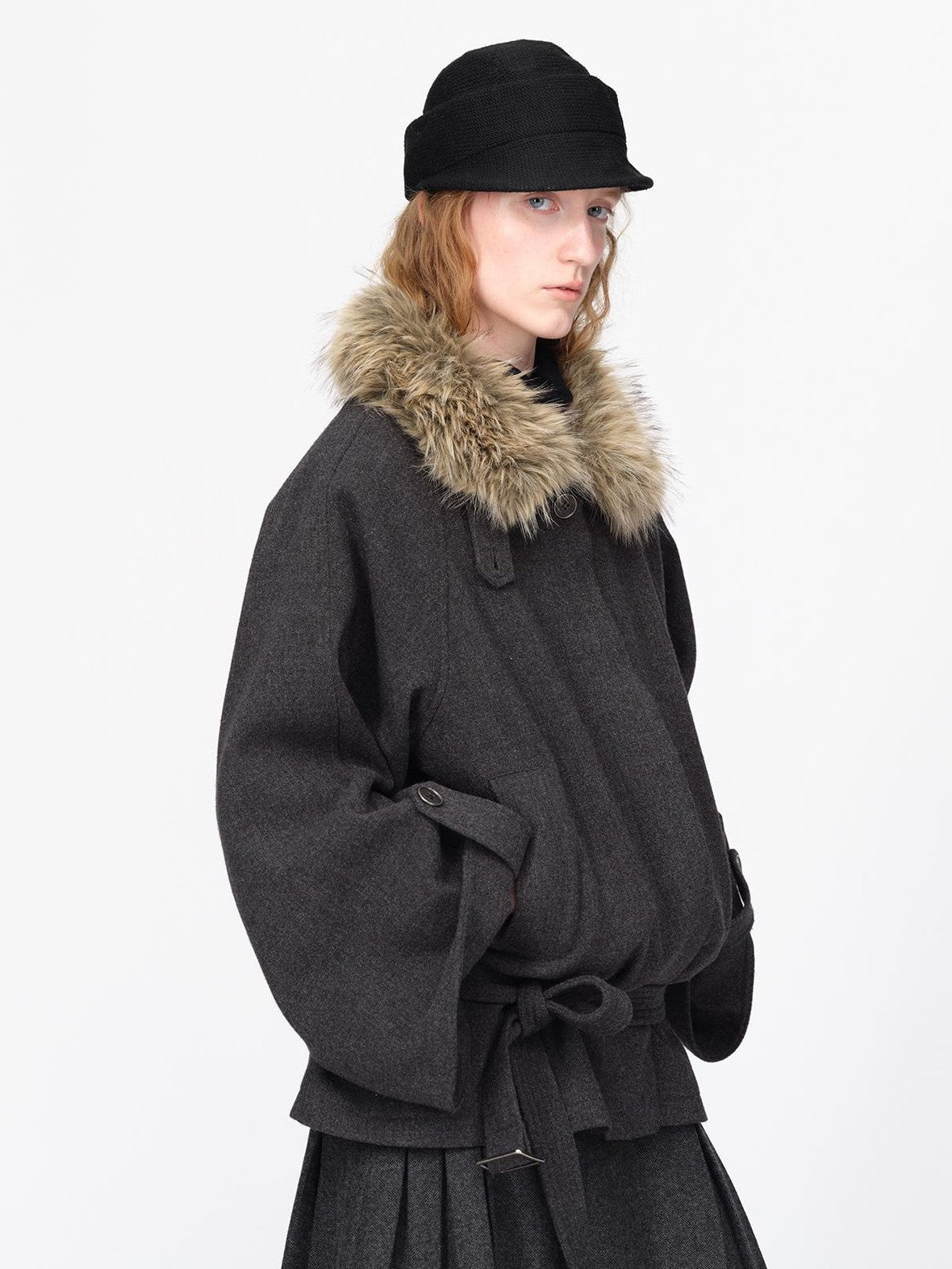 RUN TO THE FUTURE Faux Fur Collar Flared Sleeve Belted Wool Blend Women&