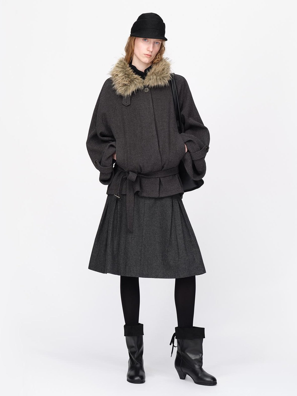 RUN TO THE FUTURE Faux Fur Collar Flared Sleeve Belted Wool Blend Women&
