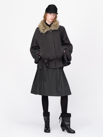 RUN TO THE FUTURE Faux Fur Collar Flared Sleeve Belted Wool Blend Women&