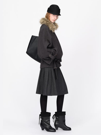 RUN TO THE FUTURE Faux Fur Collar Flared Sleeve Belted Wool Blend Women&