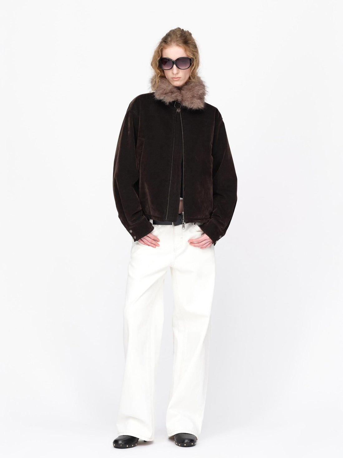 RUN TO THE FUTURE Faux Fur Collar Textured Loose Fit Women&