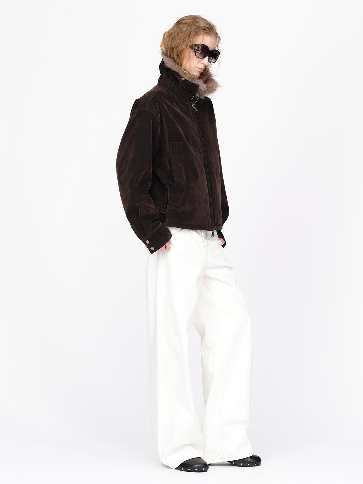 RUN TO THE FUTURE Faux Fur Collar Textured Loose Fit Women&