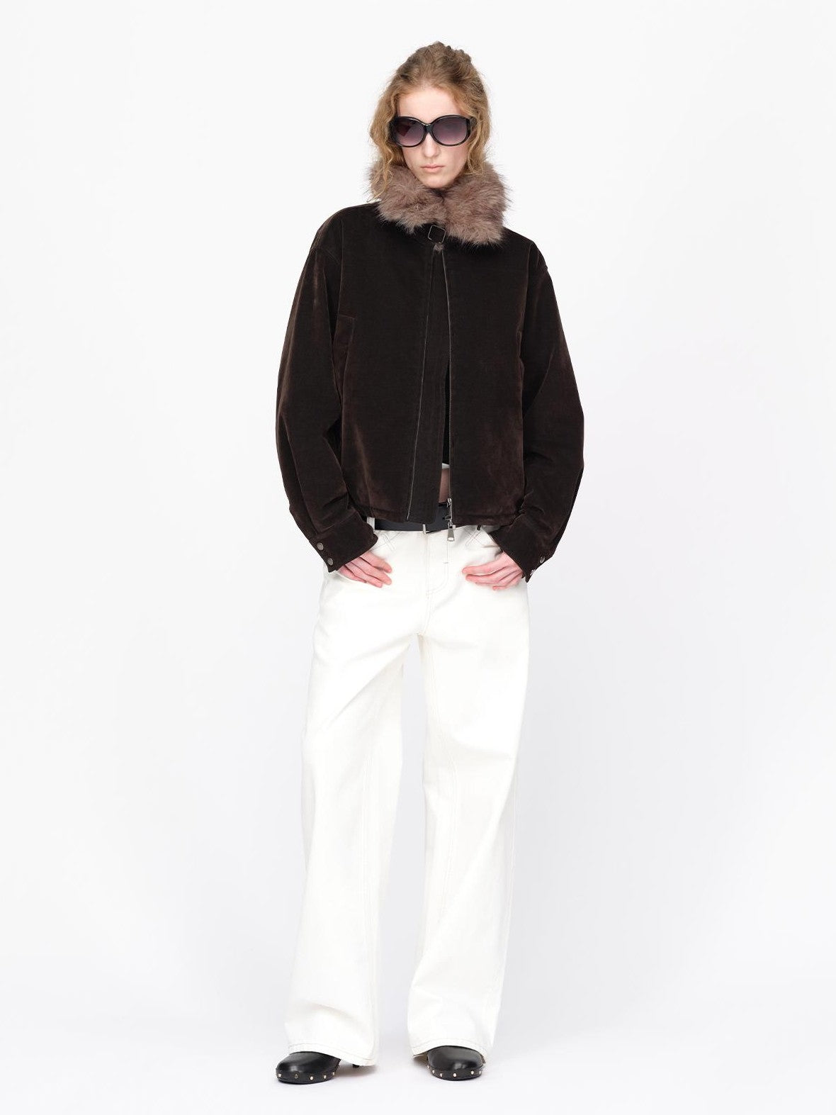 RUN TO THE FUTURE Faux Fur Collar Textured Loose Fit Women&