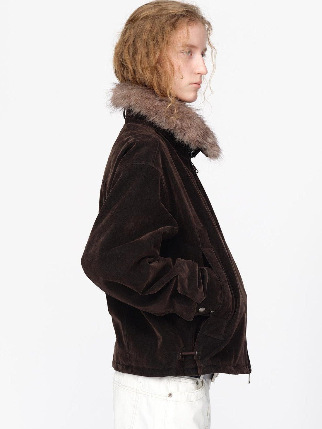 RUN TO THE FUTURE Faux Fur Collar Textured Loose Fit Women&