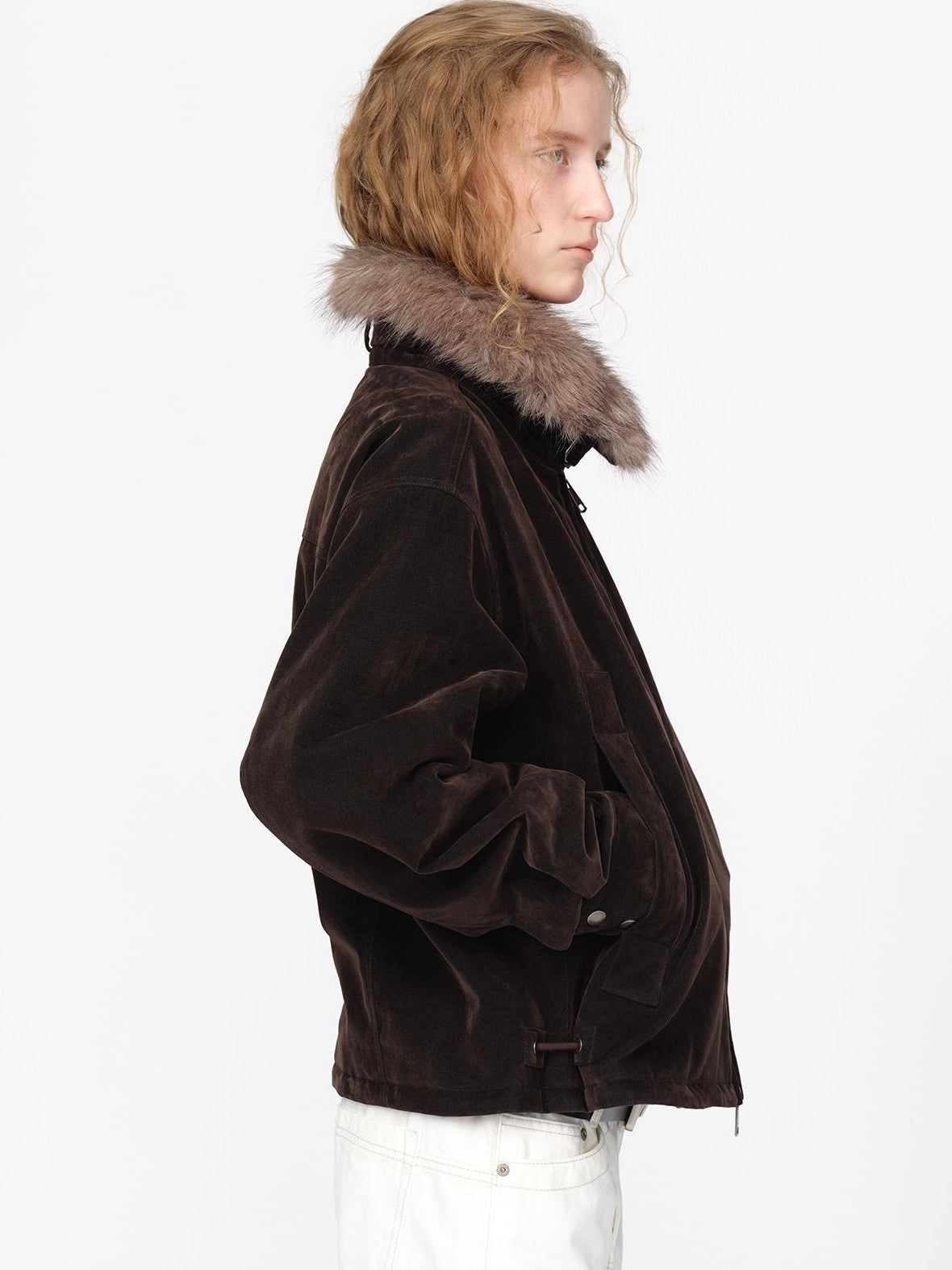 RUN TO THE FUTURE Faux Fur Collar Textured Loose Fit Women&