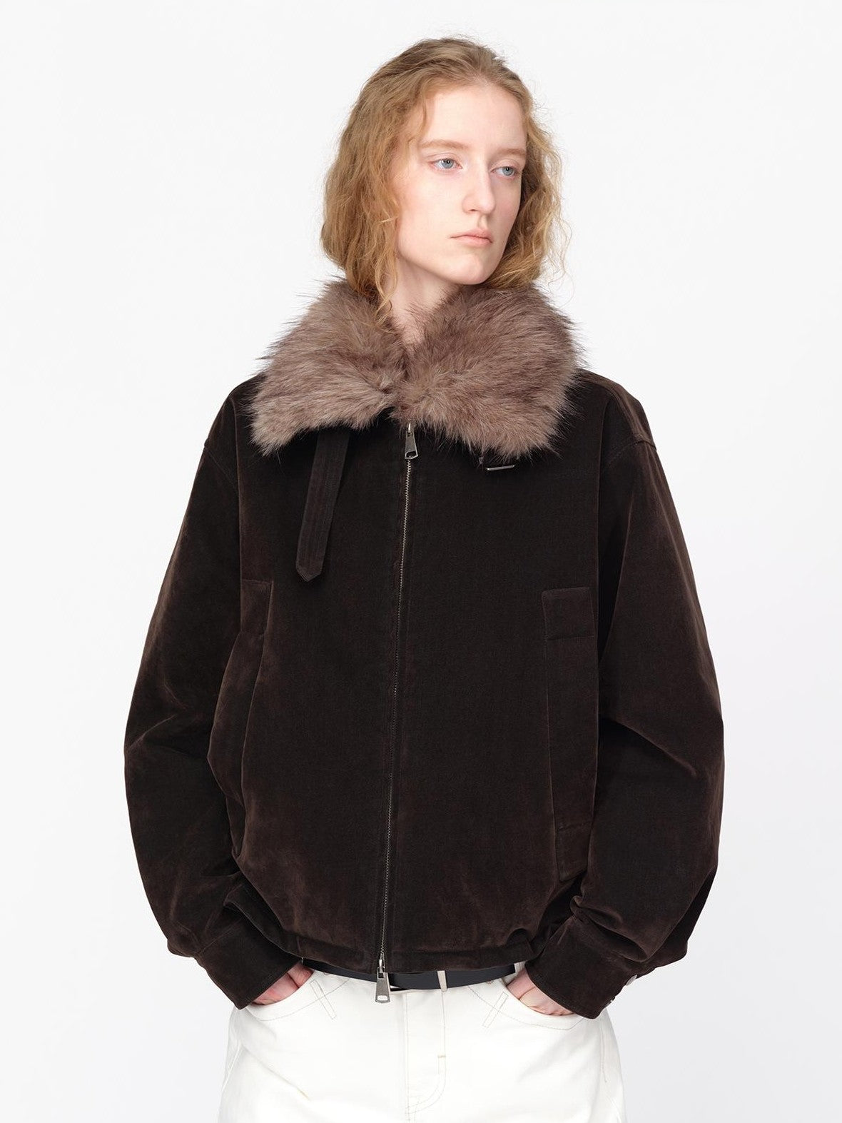 RUN TO THE FUTURE Faux Fur Collar Textured Loose Fit Women&