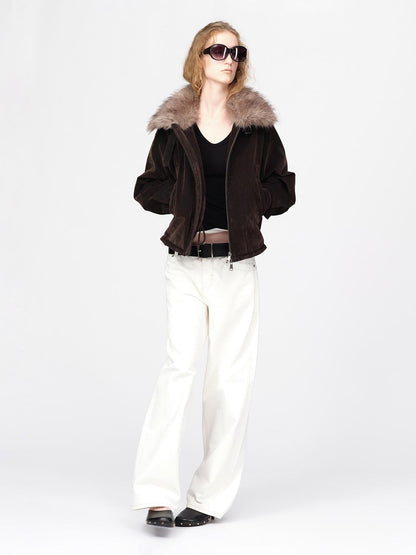 RUN TO THE FUTURE Faux Fur Collar Textured Loose Fit Women&