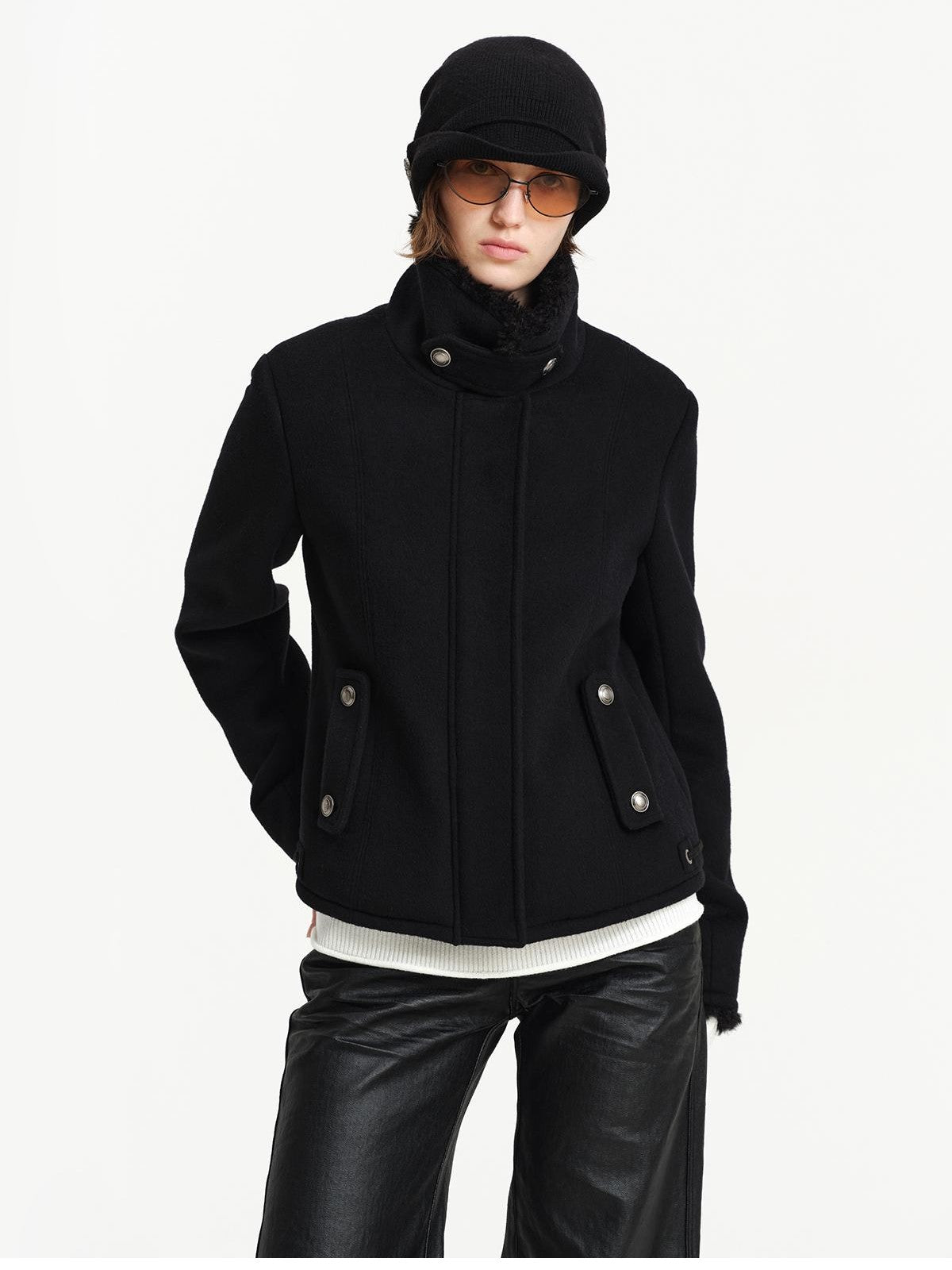 RUN TO THE FUTURE Faux Fur Trim High Neck Spliced Wool Blend Women&