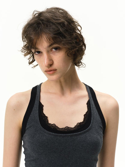 RUN TO THE FUTURE Faux Two Piece Contrast Lace U Neck Racerback Women&
