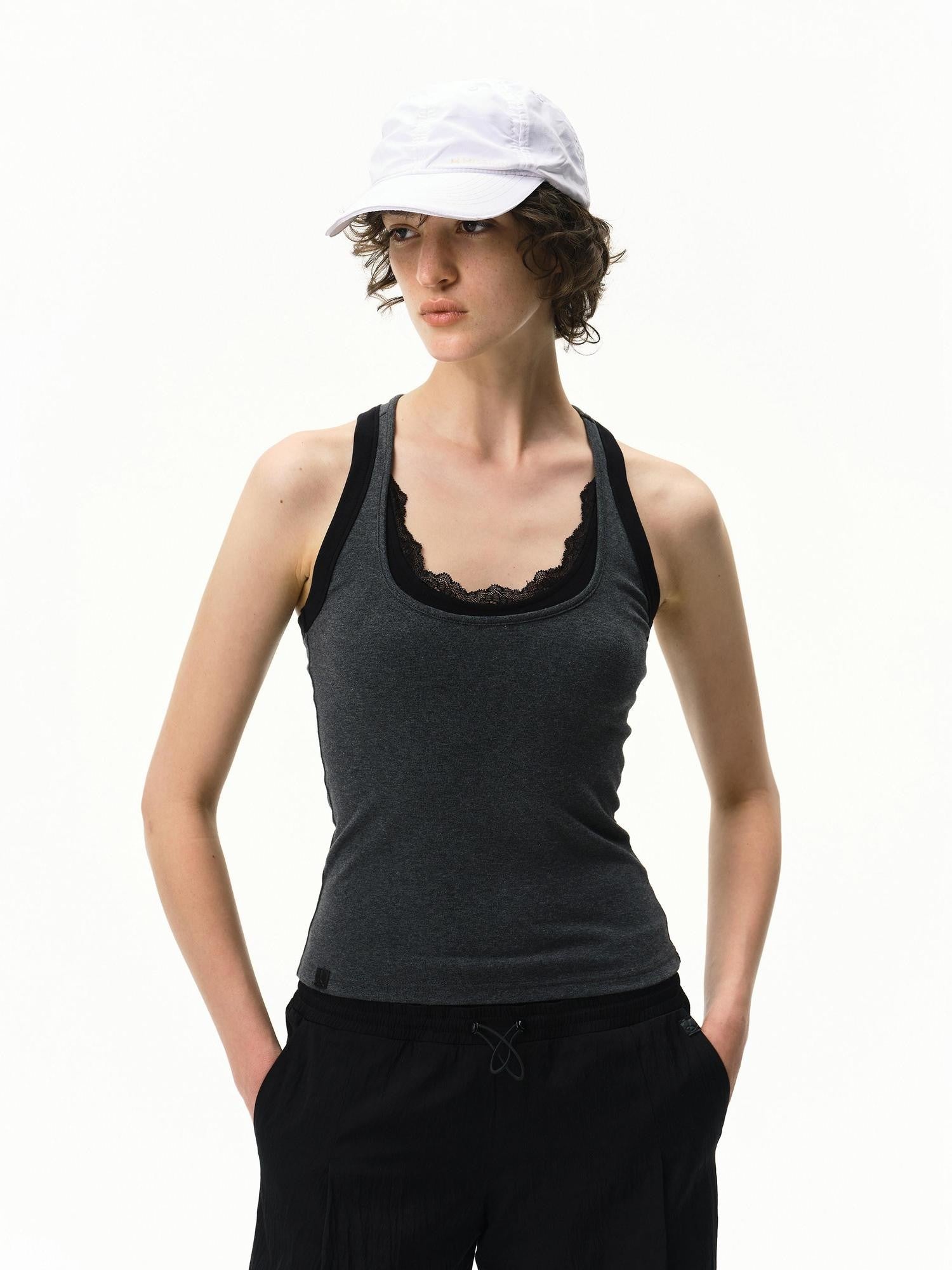 RUN TO THE FUTURE Faux Two Piece Contrast Lace U Neck Racerback Women&