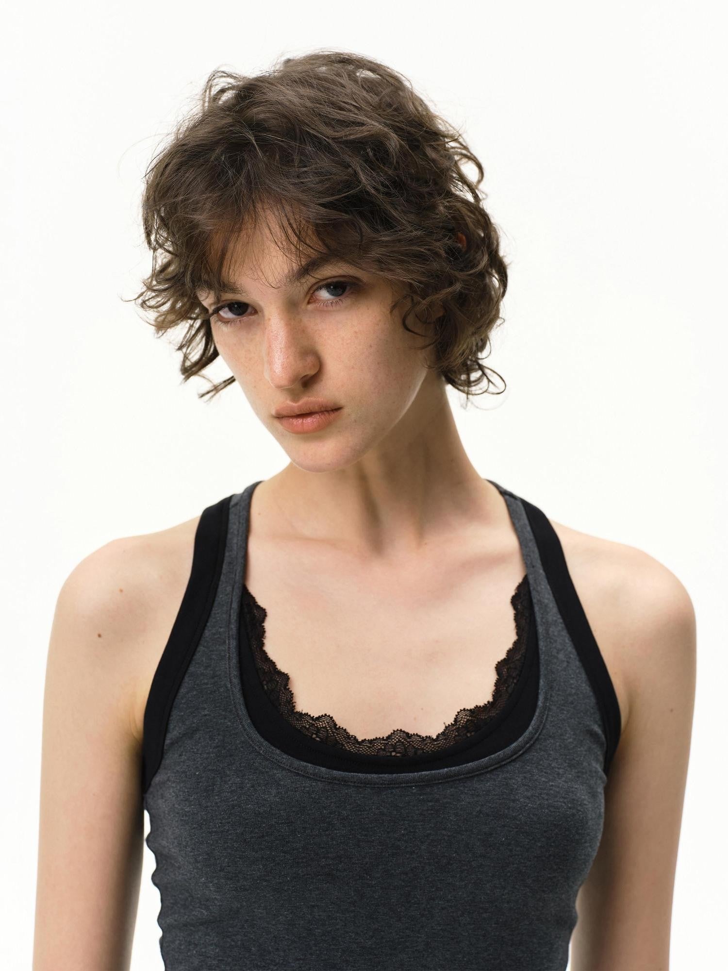 RUN TO THE FUTURE Faux Two Piece Contrast Lace U Neck Racerback Women&