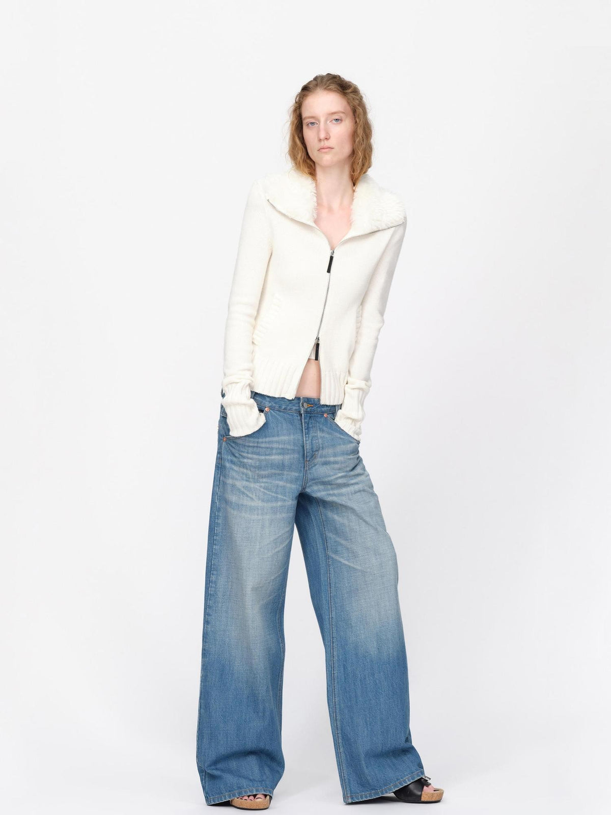 RUN TO THE FUTURE Fur Trim Cardigan Slim Fit Wool Blend Women&