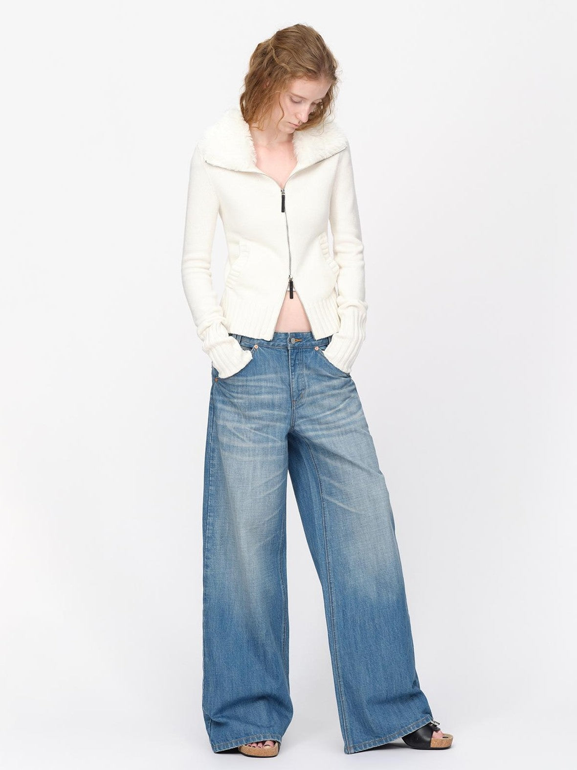 RUN TO THE FUTURE Fur Trim Cardigan Slim Fit Wool Blend Women&