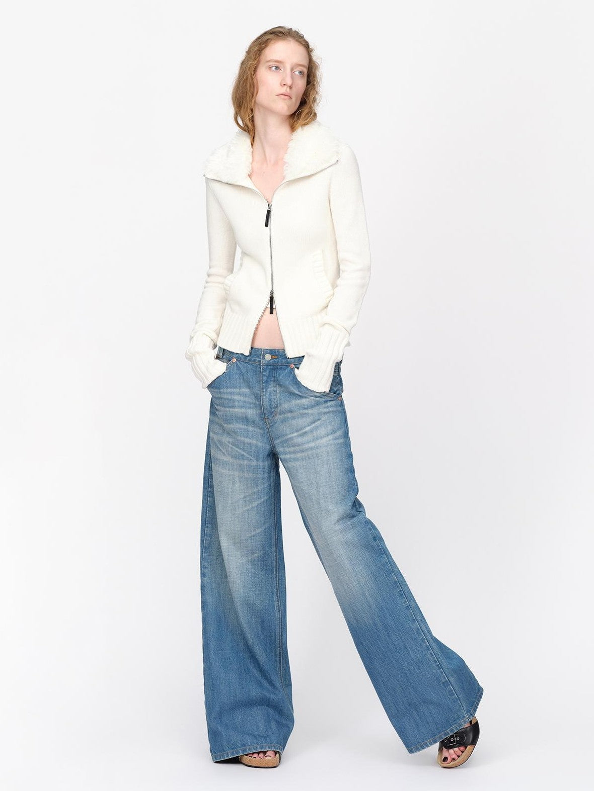 RUN TO THE FUTURE Fur Trim Cardigan Slim Fit Wool Blend Women&