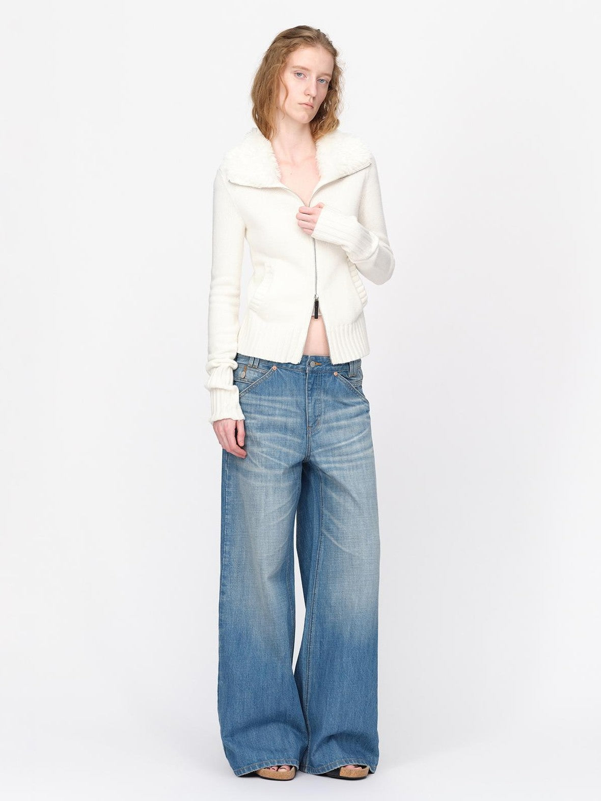 RUN TO THE FUTURE Fur Trim Cardigan Slim Fit Wool Blend Women&