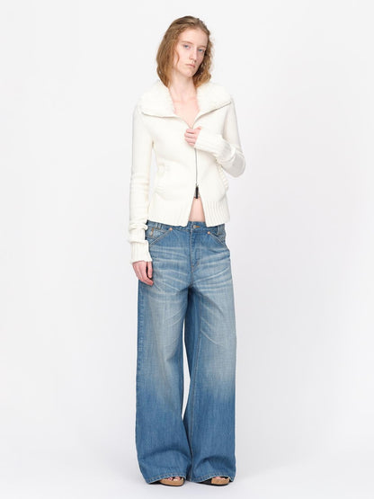 RUN TO THE FUTURE Fur Trim Cardigan Slim Fit Wool Blend Women&