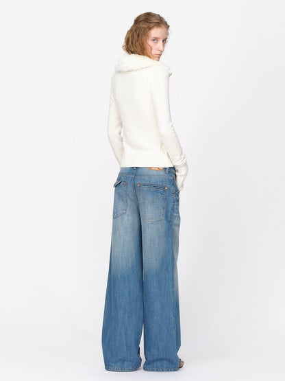 RUN TO THE FUTURE Fur Trim Cardigan Slim Fit Wool Blend Women&