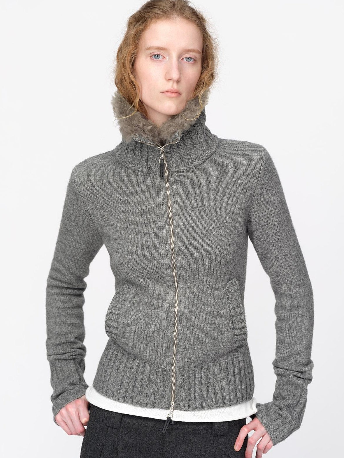 RUN TO THE FUTURE Fur Trim Cardigan Slim Fit Wool Blend Women&