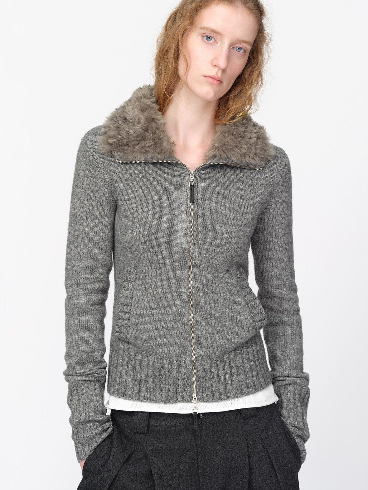RUN TO THE FUTURE Fur Trim Cardigan Slim Fit Wool Blend Women&