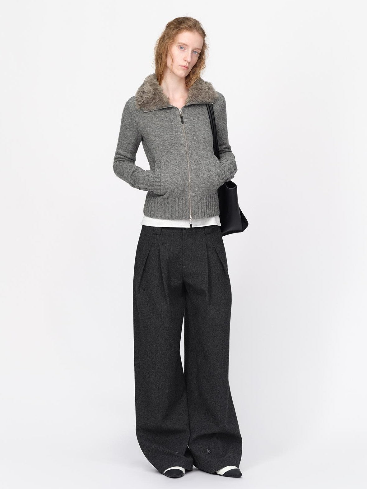 RUN TO THE FUTURE Fur Trim Cardigan Slim Fit Wool Blend Women&
