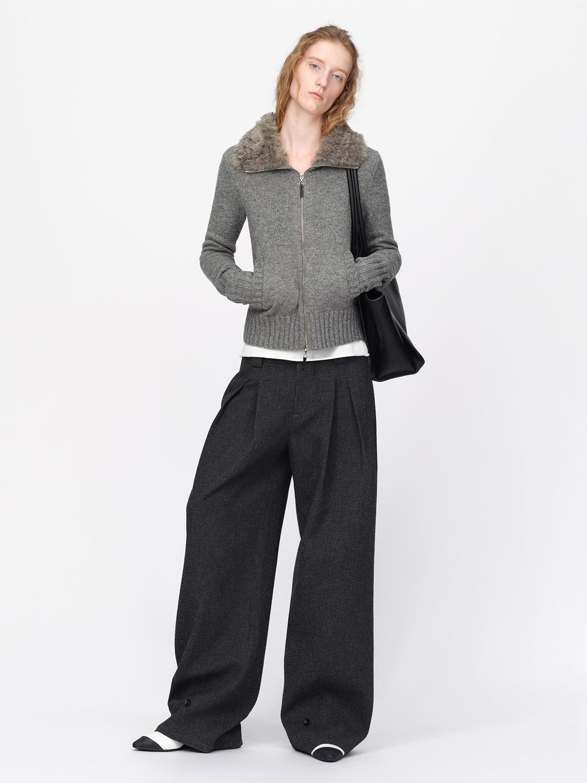 RUN TO THE FUTURE Fur Trim Cardigan Slim Fit Wool Blend Women&