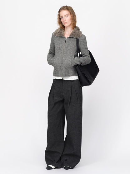 RUN TO THE FUTURE Fur Trim Cardigan Slim Fit Wool Blend Women&