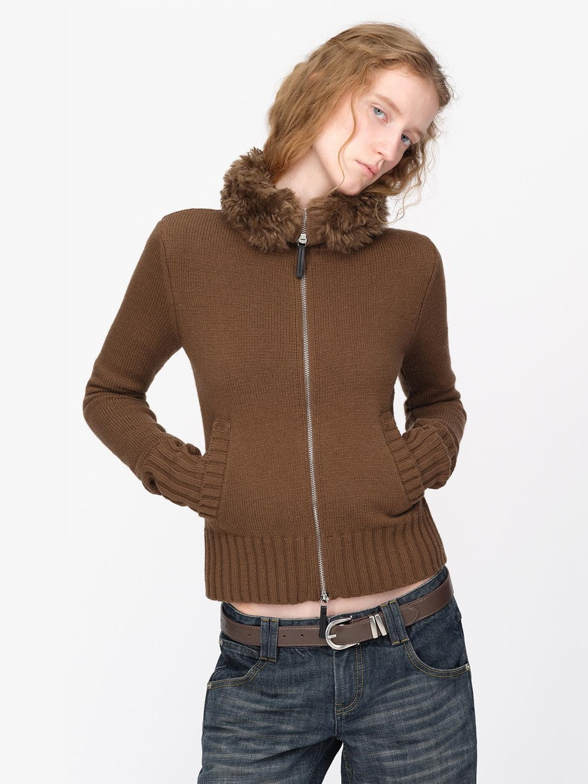 RUN TO THE FUTURE Fur Trim Cardigan Slim Fit Wool Blend Women&