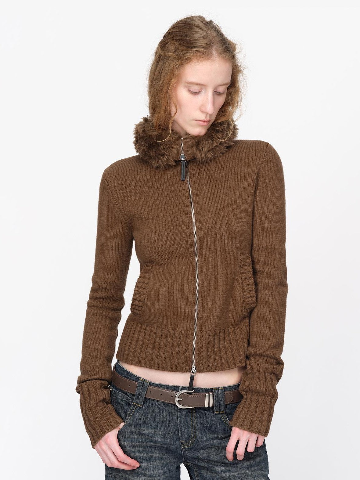 RUN TO THE FUTURE Fur Trim Cardigan Slim Fit Wool Blend Women&