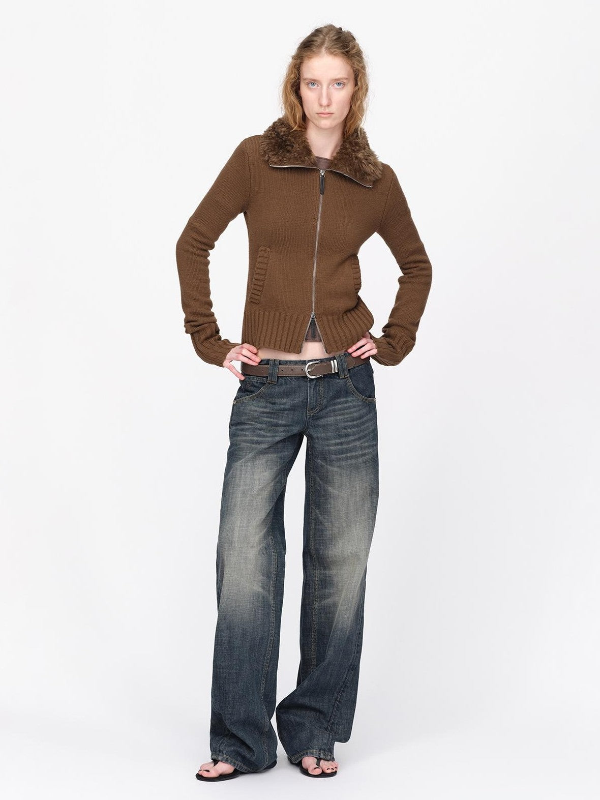 RUN TO THE FUTURE Fur Trim Cardigan Slim Fit Wool Blend Women&